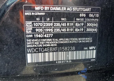 2015 Mercedes-Benz Gla 250 from USA, damaged, VIN WDCTG4EBXFJ158238
